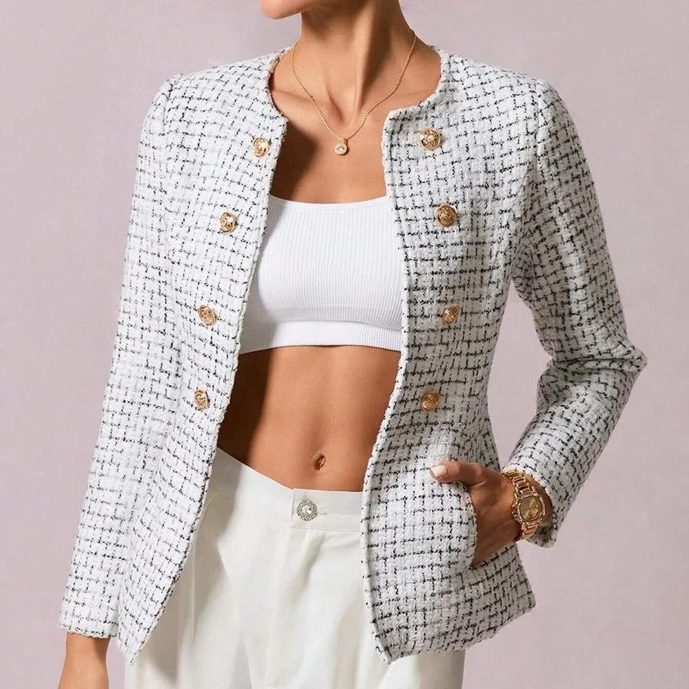 White Preppy Womens Plaid Pattern Double Breasted Tweed Overcoat - Picture 4 of 5